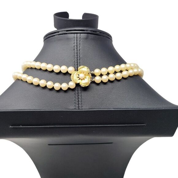 Vintage Glass Faux Pearl Double Strand Princess Necklace Gold Rhinestone Flower - Picture 9 of 11